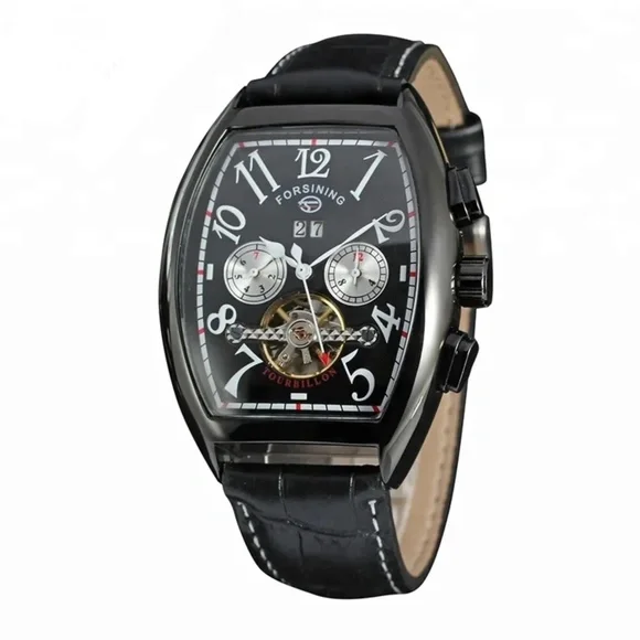 Forsining Automatic Watch Men Sport Tonneau Shaped Leather WaterproofDate